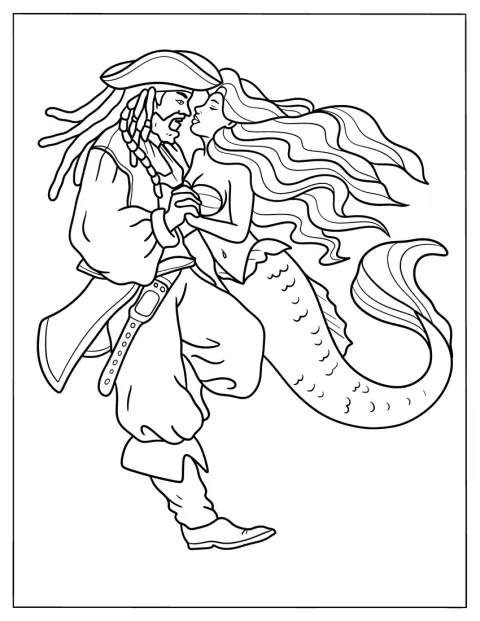 Una sirena y un pirata se dan la mano antes de besarse.