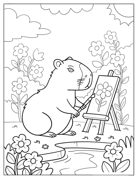 Am Teich malt ein Capybara Blumen auf eine Leinwand.