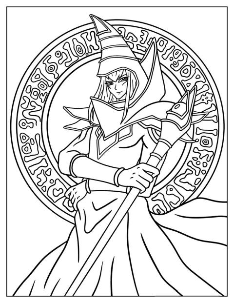Dark Magician staat in zijn gewaad met zijn staf in de hand.