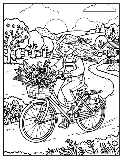 En pige cykler gennem foråret ad en sti med blomster.