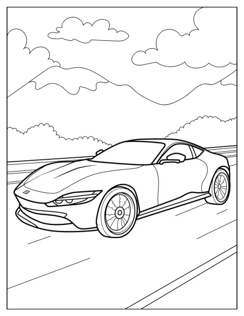 Una Ferrari supercar corre su una strada di montagna.