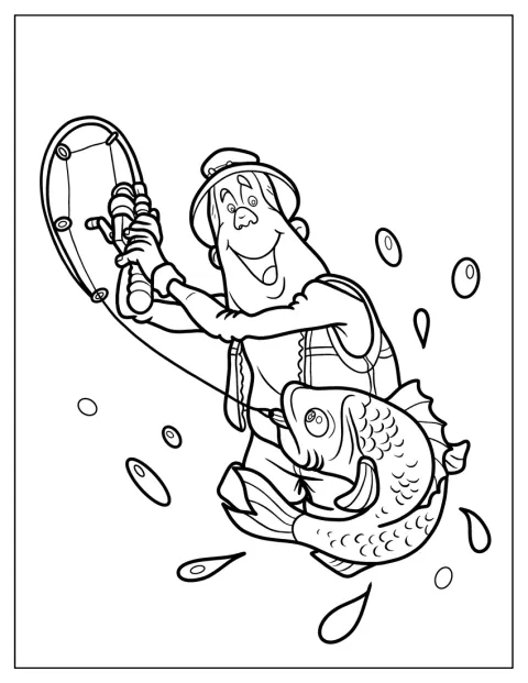 Piirretty mies vetää suurta kalaa vedestä vavallaan.