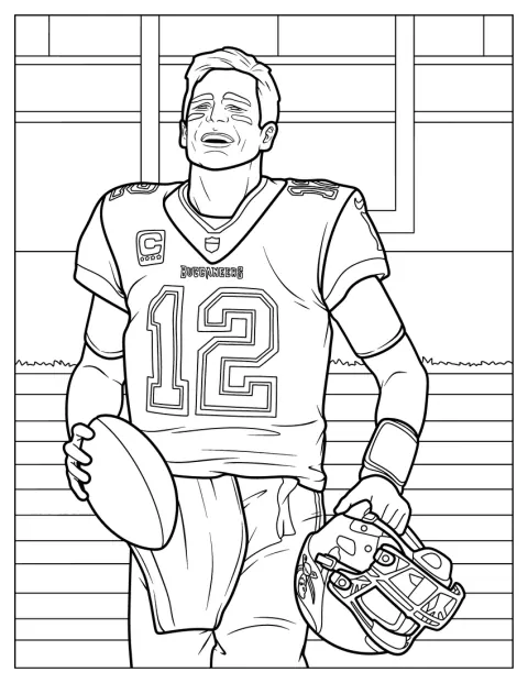 Tom Brady v uniformě drží v jedné ruce helmu a ve druhé míč.
