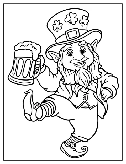 Een kabouter danst terwijl hij een glas bier vasthoudt.