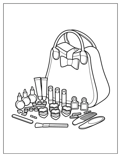 Un kit de maquillaje con cosméticos está colocado junto a un bolso abierto.