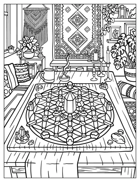 Uma mesa decorada com uma mandala exibe geodos e cristais.