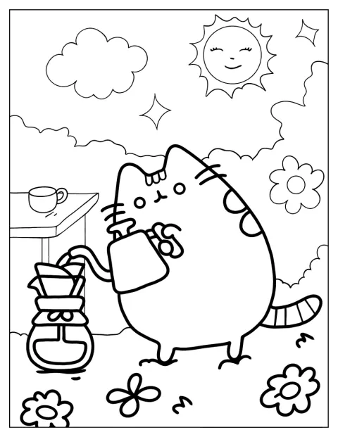 Pusheen hælder varmt vand over kaffe i et filter.