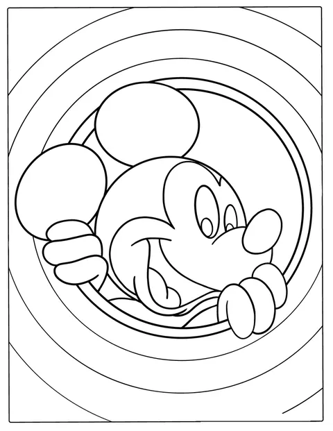 Mickey Mouse passe la tête à travers un trou.