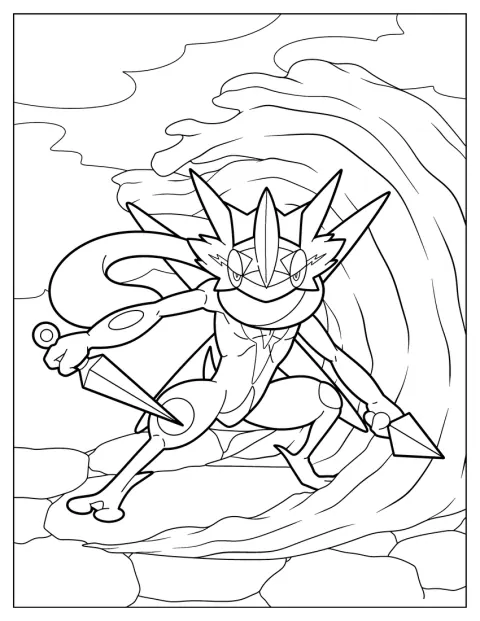 Greninja impugna un kunai mentre si trova sotto una grande onda.
