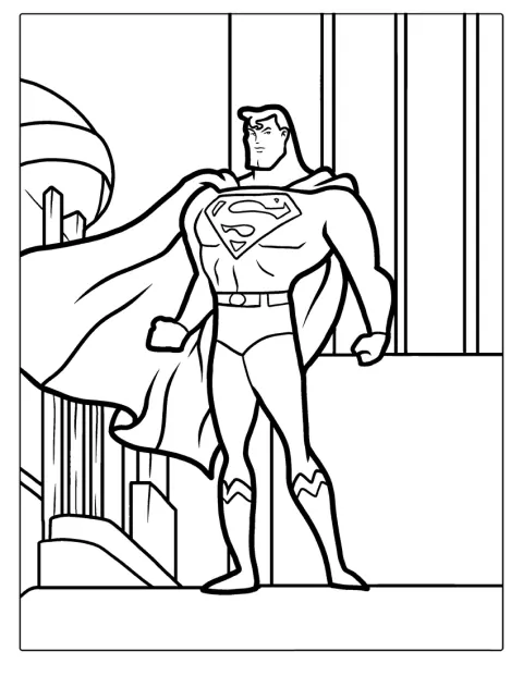 Un desen în contur îl arată pe Superman stând drept.