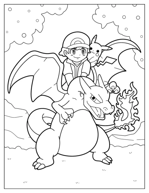 Ash och Pikachu rider på ryggen av Charizard.