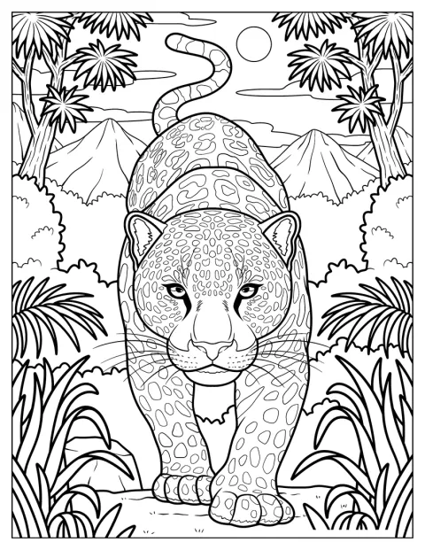 Un leopardo avanza con paso fiero entre la vegetación selvática.