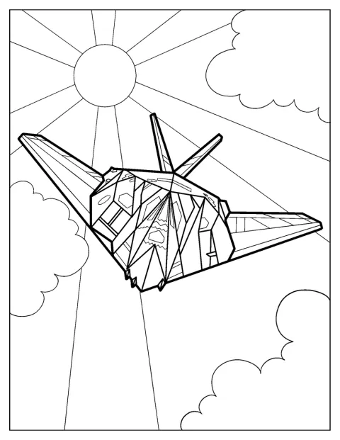 Et stealthfly ses forfra med solen skinnende bag det.