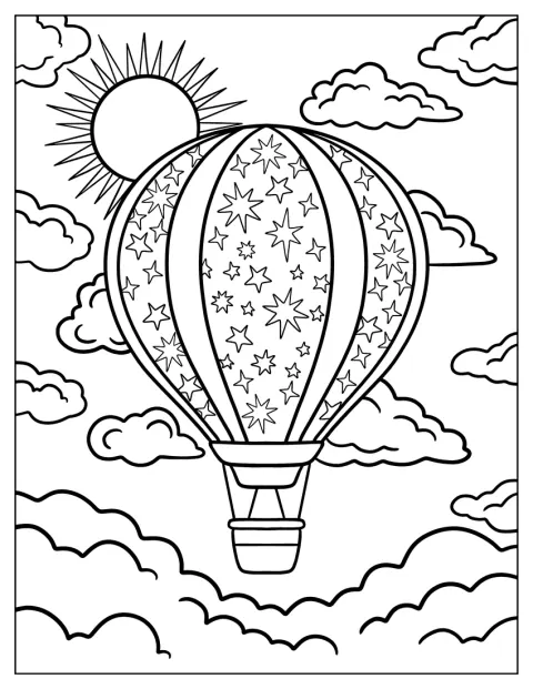 Een luchtballon met sterren zweeft langs de zon aan de hemel.