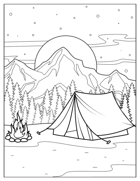 Una tenda e un falò si affacciano su un paesaggio montano.