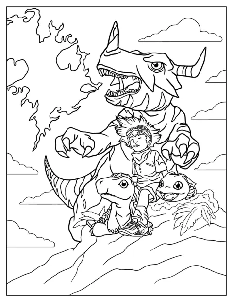 Tai Kamiya stă alături de Agumon, Greymon și Koromon.