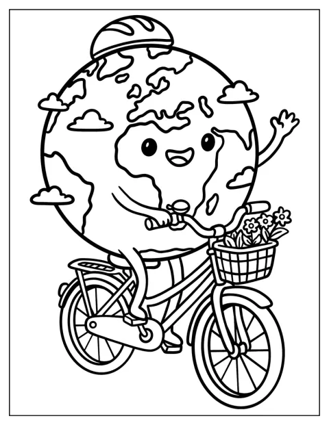 Maapallo pyöräilee kukkakori polkupyörän etuosassa.