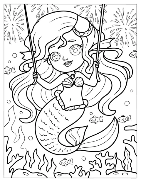 Una joven sirena nada en el mar mientras estallan fuegos artificiales sobre ella.