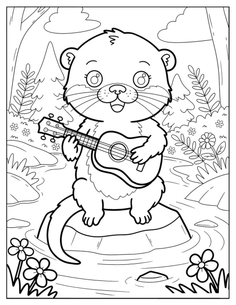 Uma lontra bebé toca guitarra sentada numa pedra, entre as árvores da floresta.