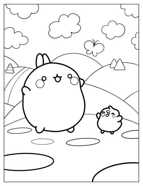 Molang og Piu Piu jubler sammen på en grøn bakke.