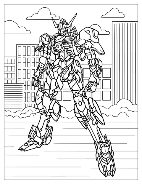 Un Gundam detallado domina una escena urbana rodeada de edificios.