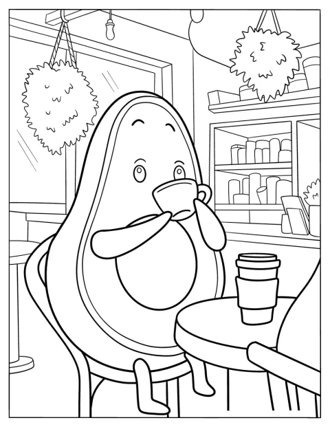 Un aguacate toma una taza de té en una cafetería.