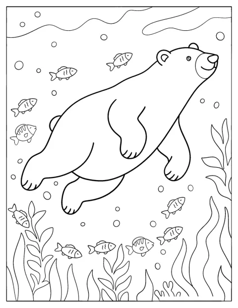 シロクマが水中で、何匹もの魚と一緒に泳いでいます。