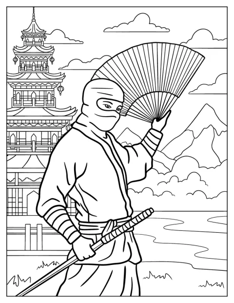 Un ninja tient une épée dans une main et un éventail dans l’autre.