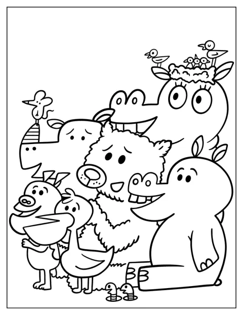 Um pelicano, um cão, um urso, um rato, vermes, um hipopótamo e pássaros aparecem juntos.