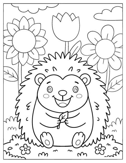 Fröhlich hält der Igel ein großes Blatt zwischen seinen Pfoten.