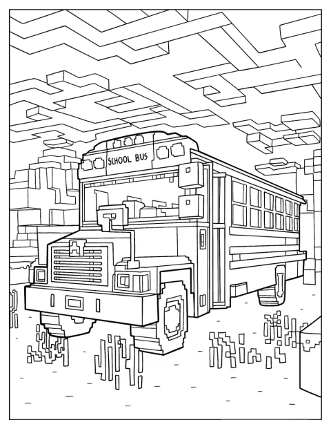 Un autobús escolar de Minecraft aparece con detalles geométricos y ruedas grandes.