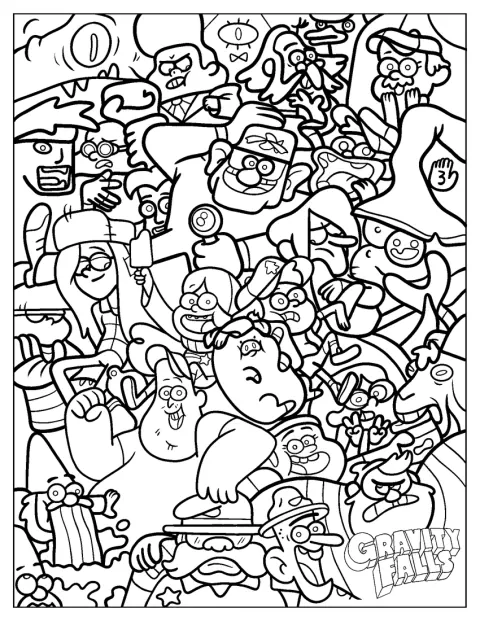 Várias personagens de Gravity Falls aparecem juntas numa composição de página inteira.