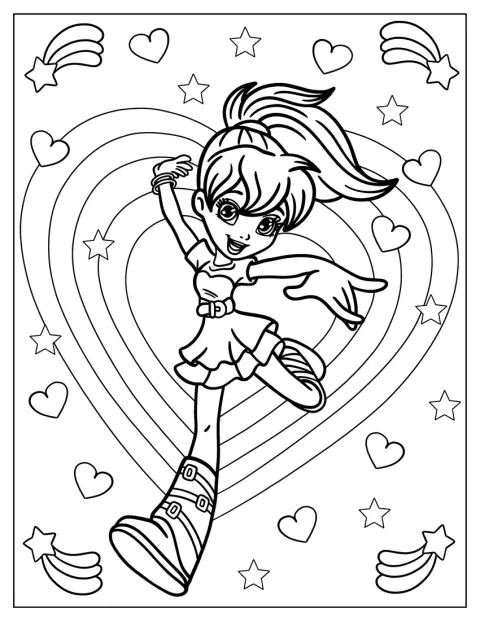 Polly Pocket vidáman táncol kawaii stílusban.