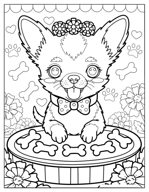Un Chihuahua con il papillon si sporge su una grande torta decorata con snack a forma di osso.