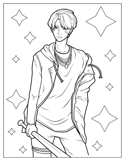 Suga tient une batte de baseball dans une pose décontractée.