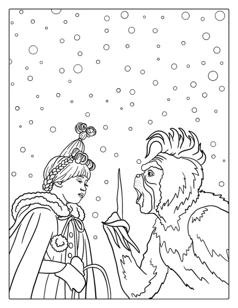 Cindy Lou staat samen met de Grinch in een besneeuwd landschap.
