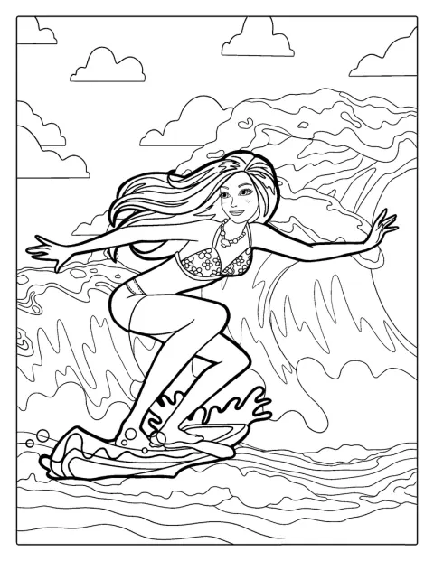 Barbie fait du surf au bord de la plage.