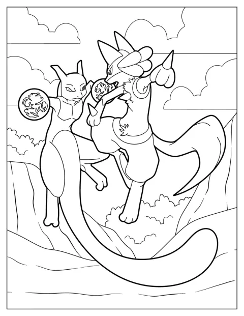Lucario Coloring Page Fighting Mewtwo