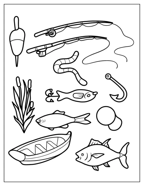 Fiskestænger, flåd, krog, fisk, orm og båd ligger samlet.