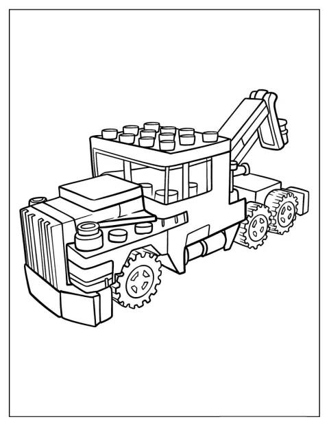 Ein einfacher LEGO-Abschleppwagen rollt über die Straße.