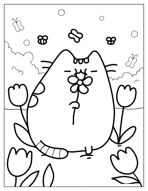 Pusheen skubie kwiatek, siedząc spokojnie.