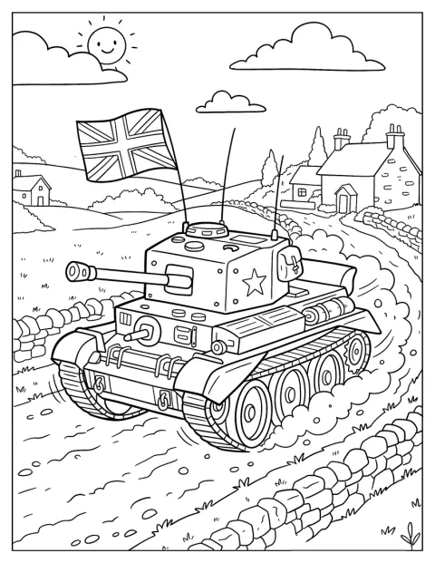 En militær stridsvogn med britisk flagg kjører på en landevei.