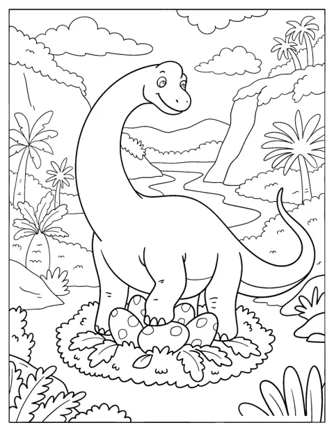 En Brachiosaurus passer på sin rede med æg ved en flod.