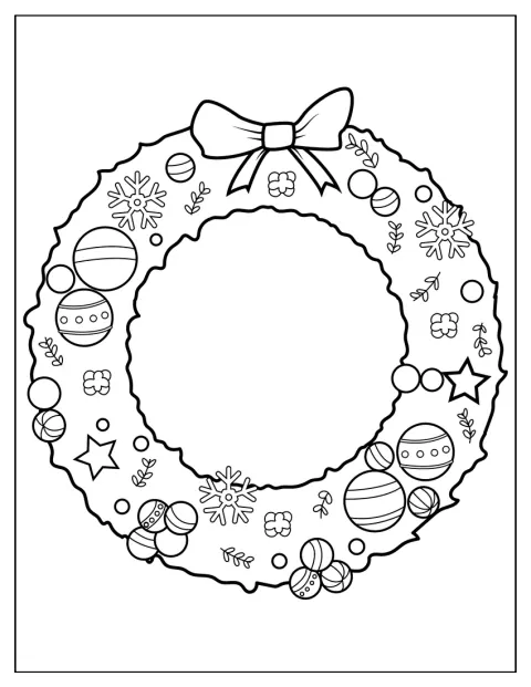 Eine Schleife und glänzende Kugeln schmücken den runden Weihnachtskranz.