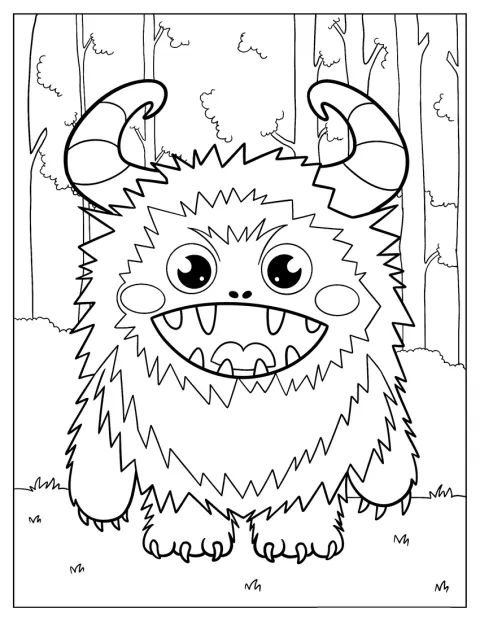 Een schattig harig monster met hoorns kijkt vrolijk.
