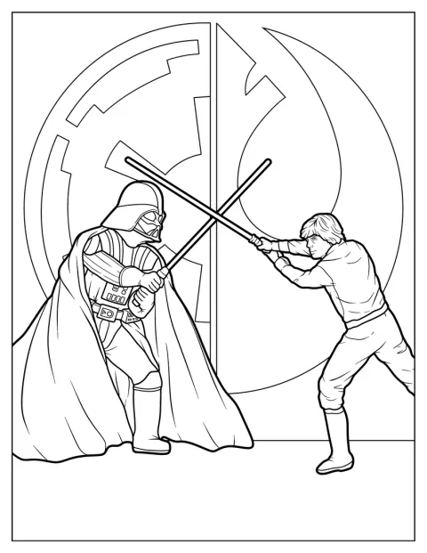 Darth Vader e Luke Skywalker cruzam sabres de luz durante um duelo.