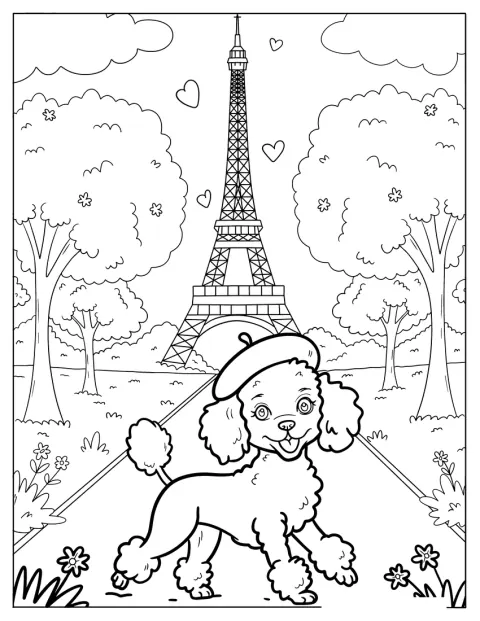 Un caniche con boina posa delante de la Torre Eiffel.