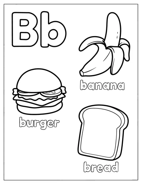 En banan, burger og brød står ved siden av bokstaven B.