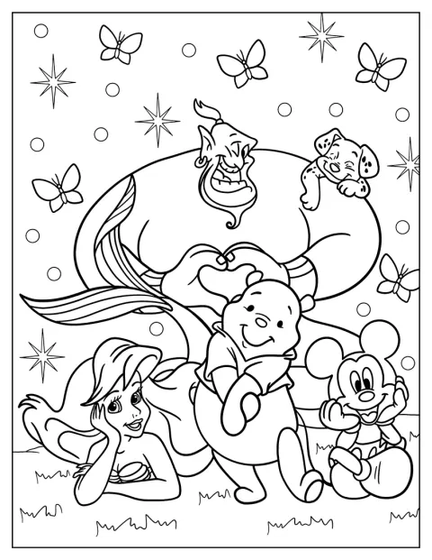 Ariel, Winnie de Poeh, de Geest, Mickey Mouse en een dalmatiër staan samen.