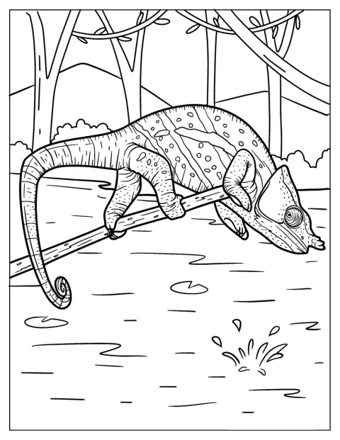 Chameleon se drží na okraji větve a stáčí svůj ocas.